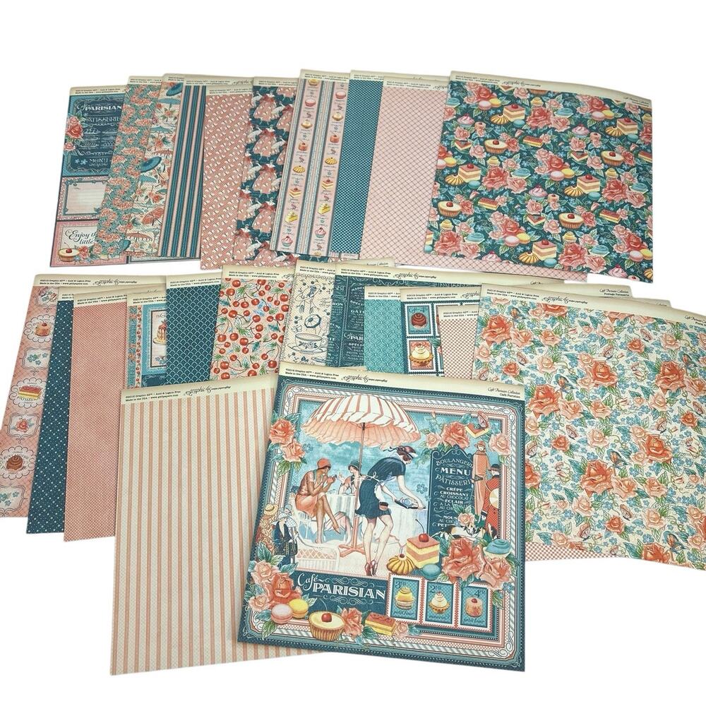 Graphic 45 Cafe Parisian Collection 8 x 8 Loose Paper 2016 Scrapbooking HTF NEW